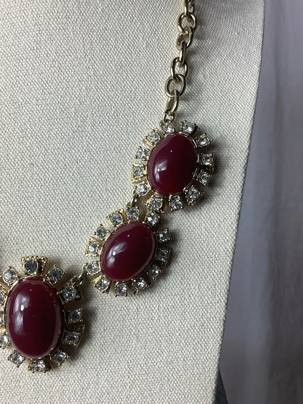 Talbots Gold-Tone Necklace with Deep Burgundy Cabochons and Crystal Accents
